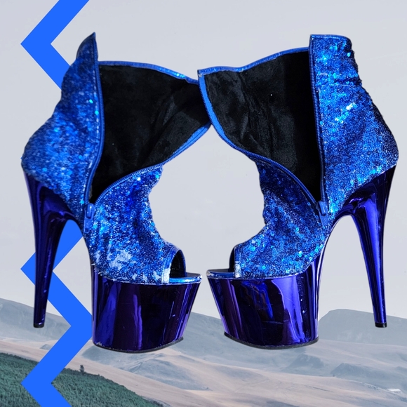 Pleaser Size 8 Adore Ankle Boots Blue Sequins Blue Chrome worn Dancer Shoes GUC - Picture 3 of 16